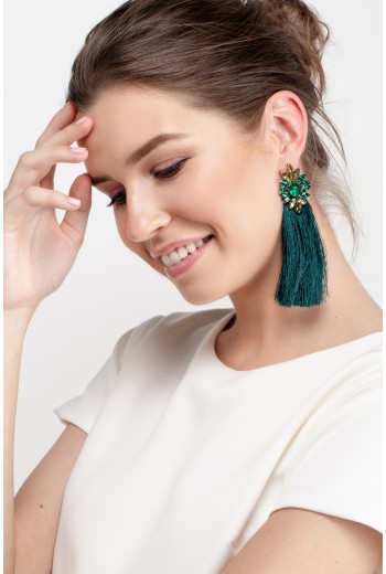 Green flower tassel earrings