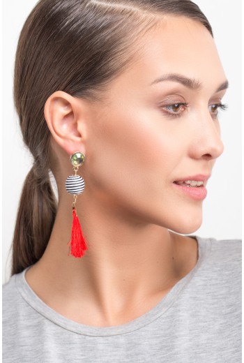 Red stripe ball drop tassel earrings